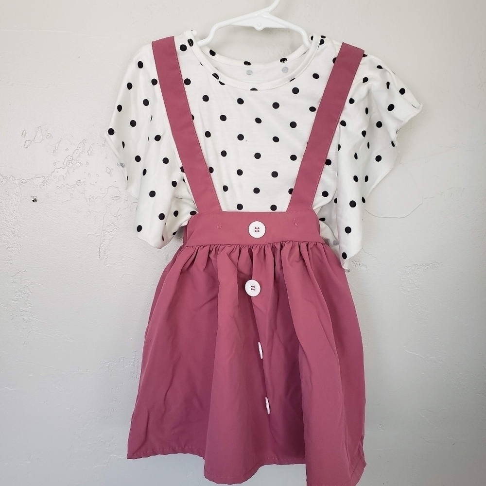 Sparkle in Pink Little Girl Medium Two Piece Set Polka Dot Shirt Pinafore Dress